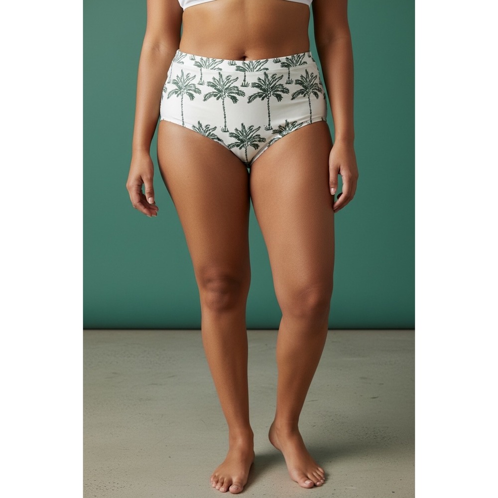 Lane Bryant High Waist Swim Bikini Bottoms White Green Palm Tree Print Plus 30